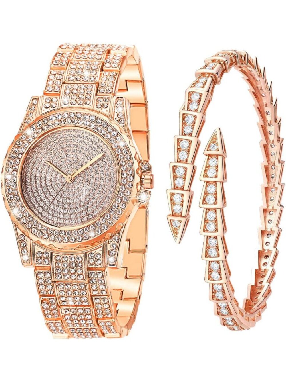 Women's Rose Gold Interior Full Diamond Bling Rhinestone Quartz Crystal Watches